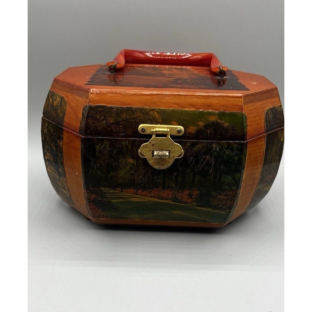 Vtg Wooden Octagon Purse Decoupage Forsyth Park Savannah Lacquered Lucite Handle - Picture 2 of 15